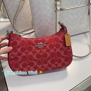 NWT Coach Teri Shoulder Bag In Signature Denim CDE43 Silver/True Red